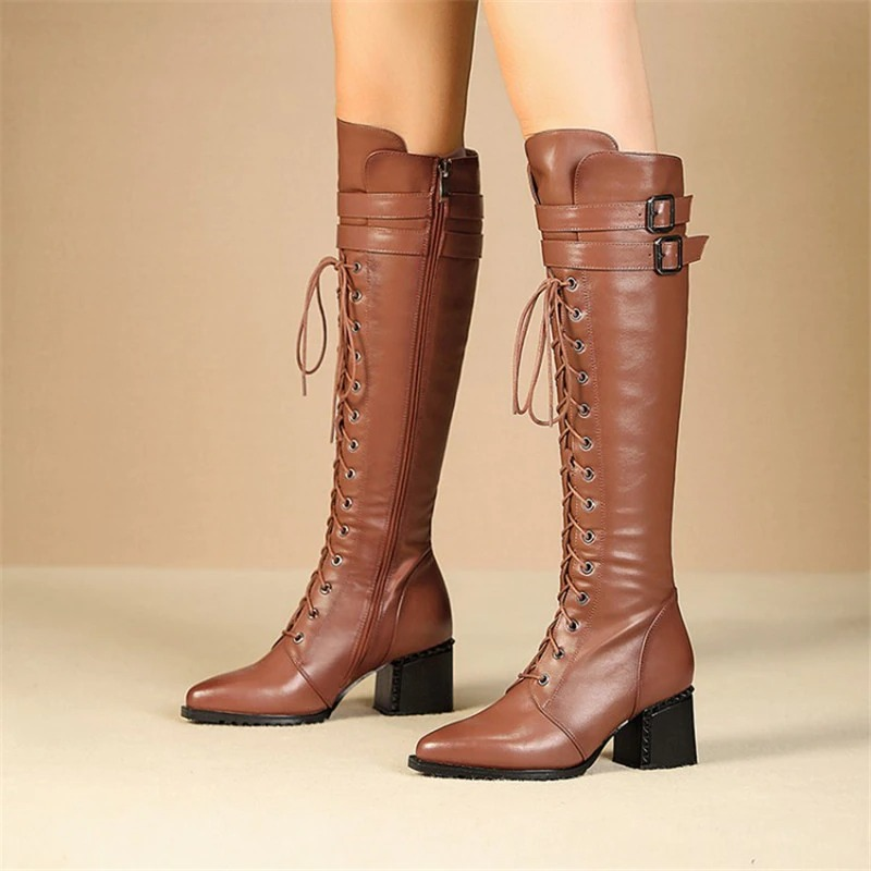 Stylish women's brown leather boots with square heels, lace-up design perfect for goth/rock fashion and seasonal wear.