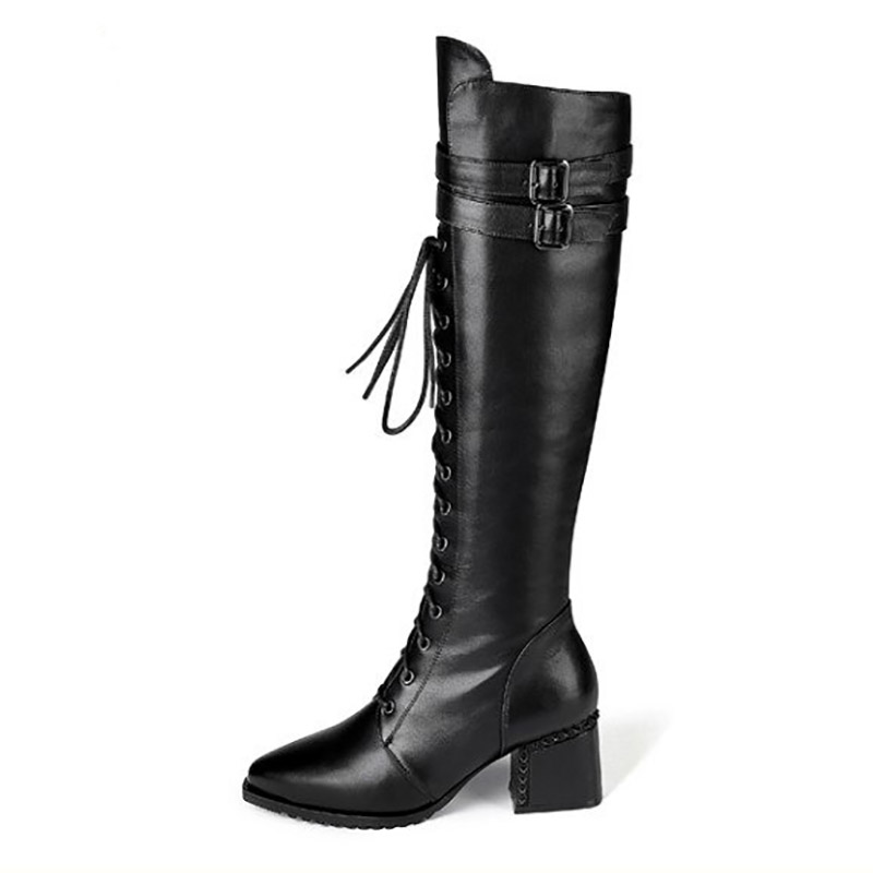 Genuine leather stylish women's boots in black rock style with square heel and lace-up design.