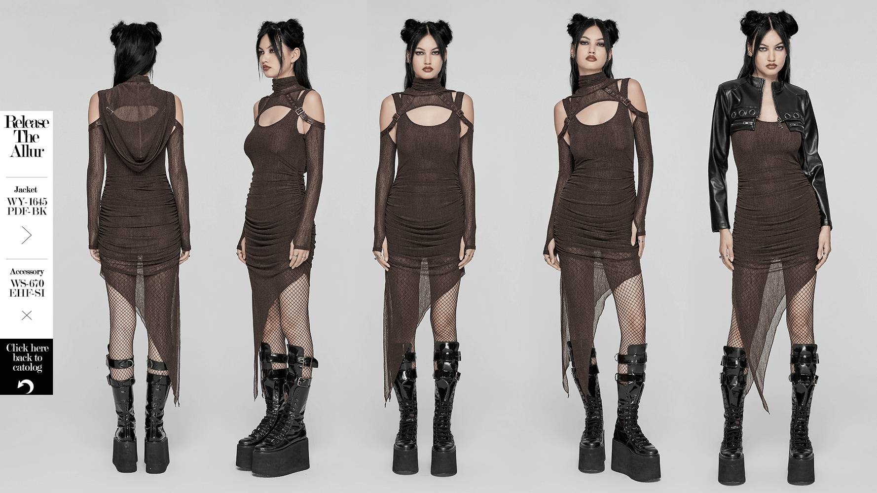 Stylish women's gothic two-piece mesh hooded dress featuring layered elastic design and edgy details.