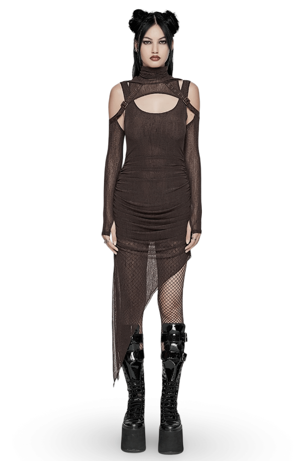 Stylish women's gothic two-piece mesh hooded dress with unique cutouts and layered design, paired with bold platform boots.