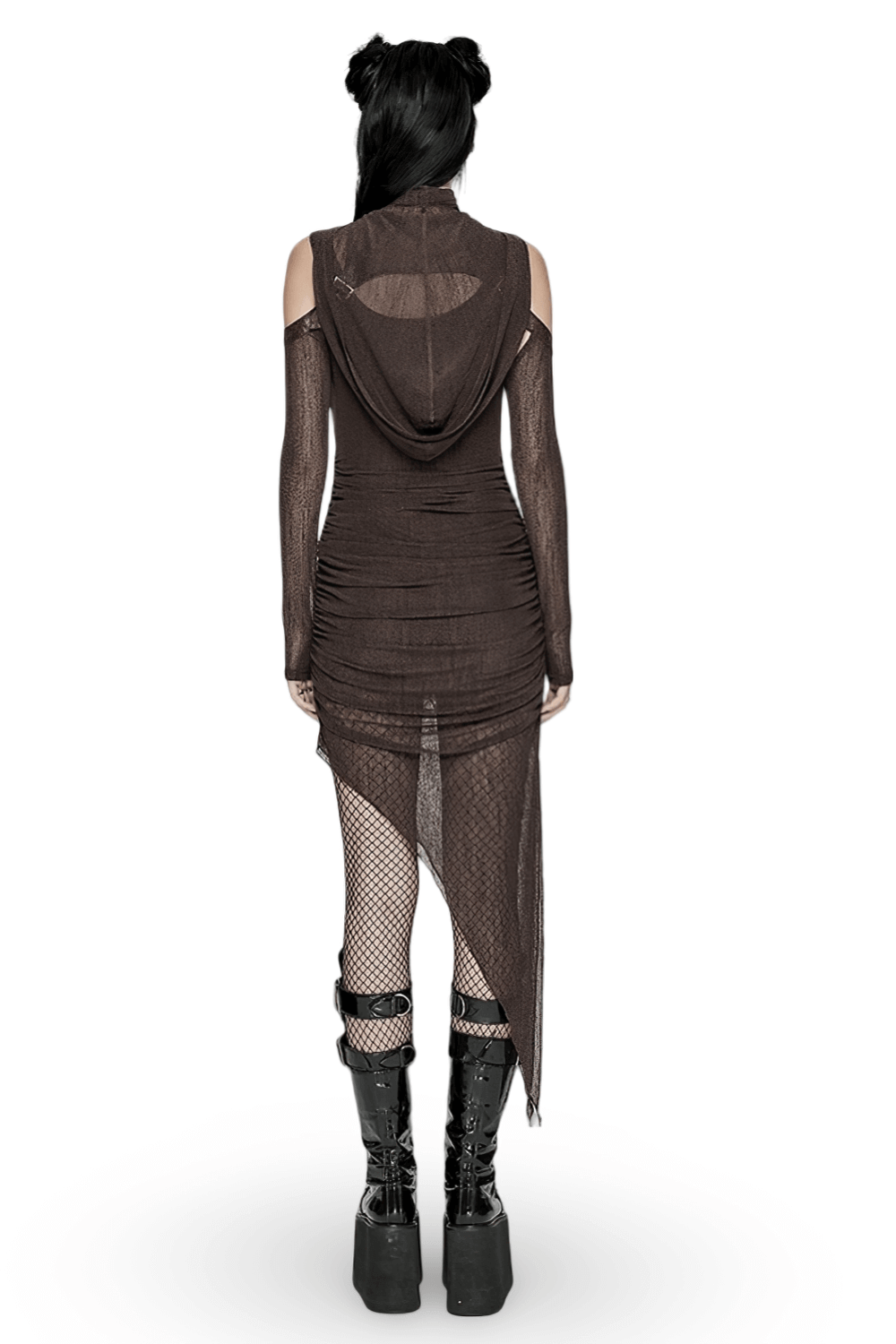 Back view of stylish women's gothic two-piece mesh hooded dress with unique detailing and edgy design elements.