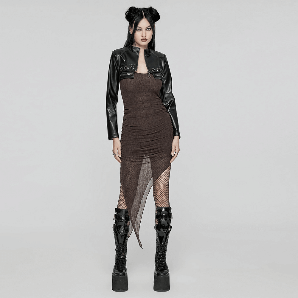 Stylish women's gothic two-piece mesh dress with hood, edgy details, and bold knee-high boots. Perfect for alternative fashion.