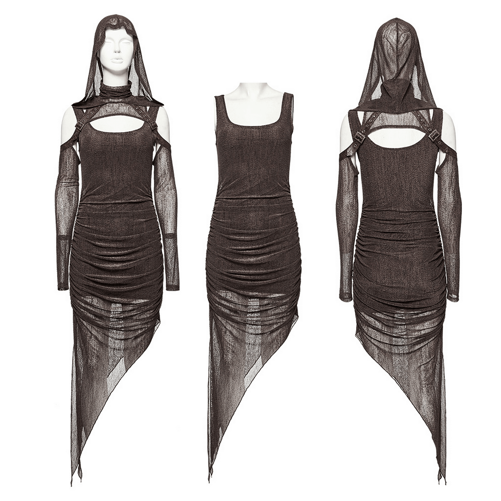 Stylish women's gothic two-piece mesh hooded dress showcasing unique layered design and edgy details from multiple angles.