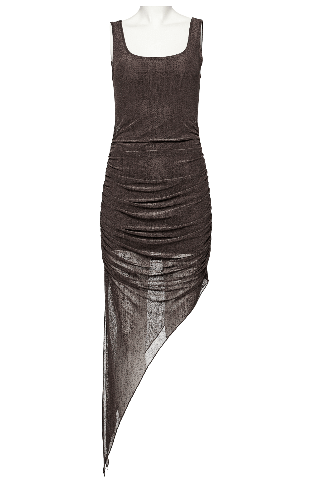 Stylish dark mesh dress with asymmetrical hem and ruching, perfect for chic and edgy fashion statements.