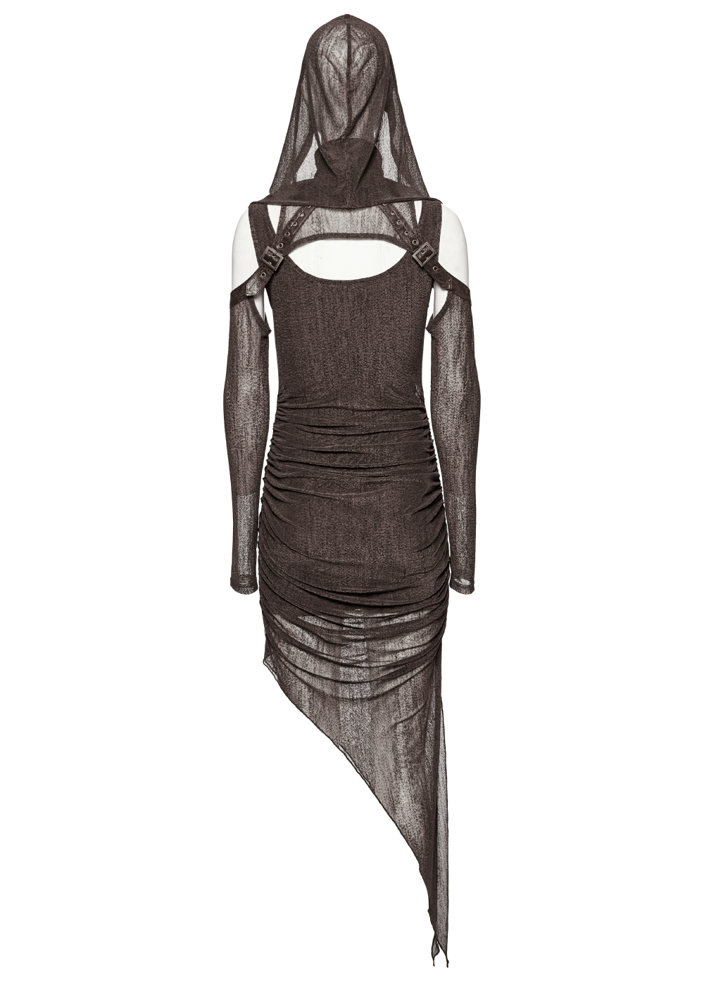 Back view of stylish women's gothic two-piece mesh hooded dress with adjustable sleeve loops and sleek layered design.