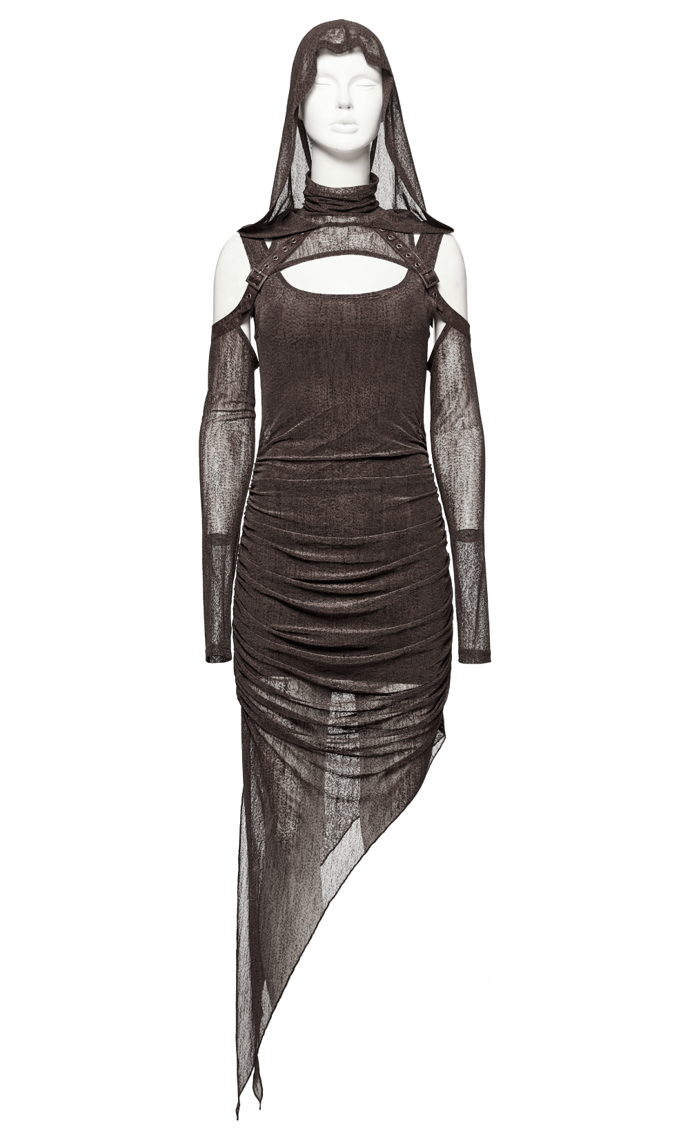 Stylish women's gothic two-piece mesh hooded dress with cut-out details and a layered design, perfect for alternative fashion enthusiasts.