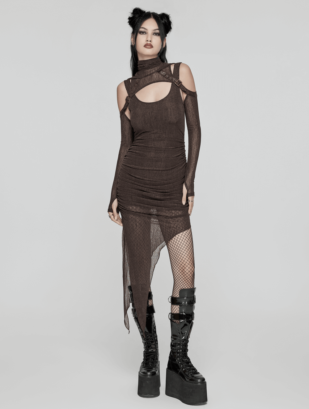 Stylish women's gothic two-piece mesh hooded dress with edgy cutouts and layered design for alternative fashion lovers.