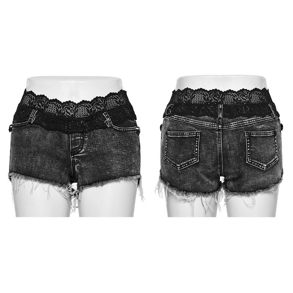 High-waisted women's denim shorts with lace trim showcasing back view, perfect for summer style.