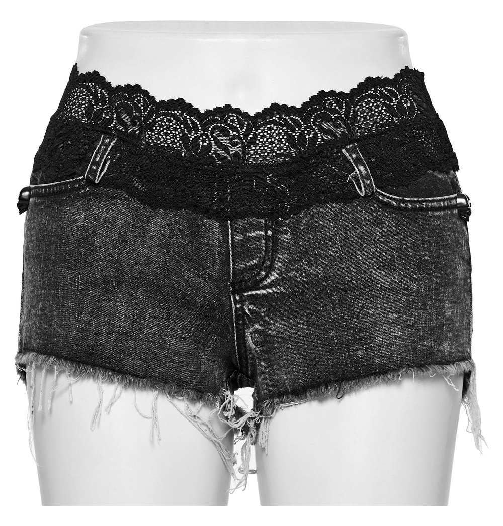 Stylish high-waisted denim shorts with elegant black lace trim for a chic summer look.