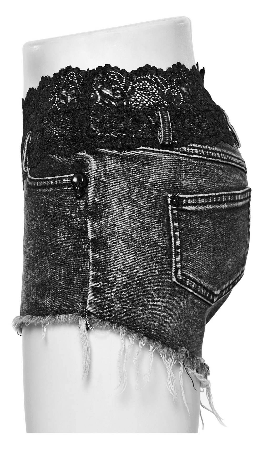 Stylish high-waisted denim shorts with lace trim showcasing elegant detail from the side.