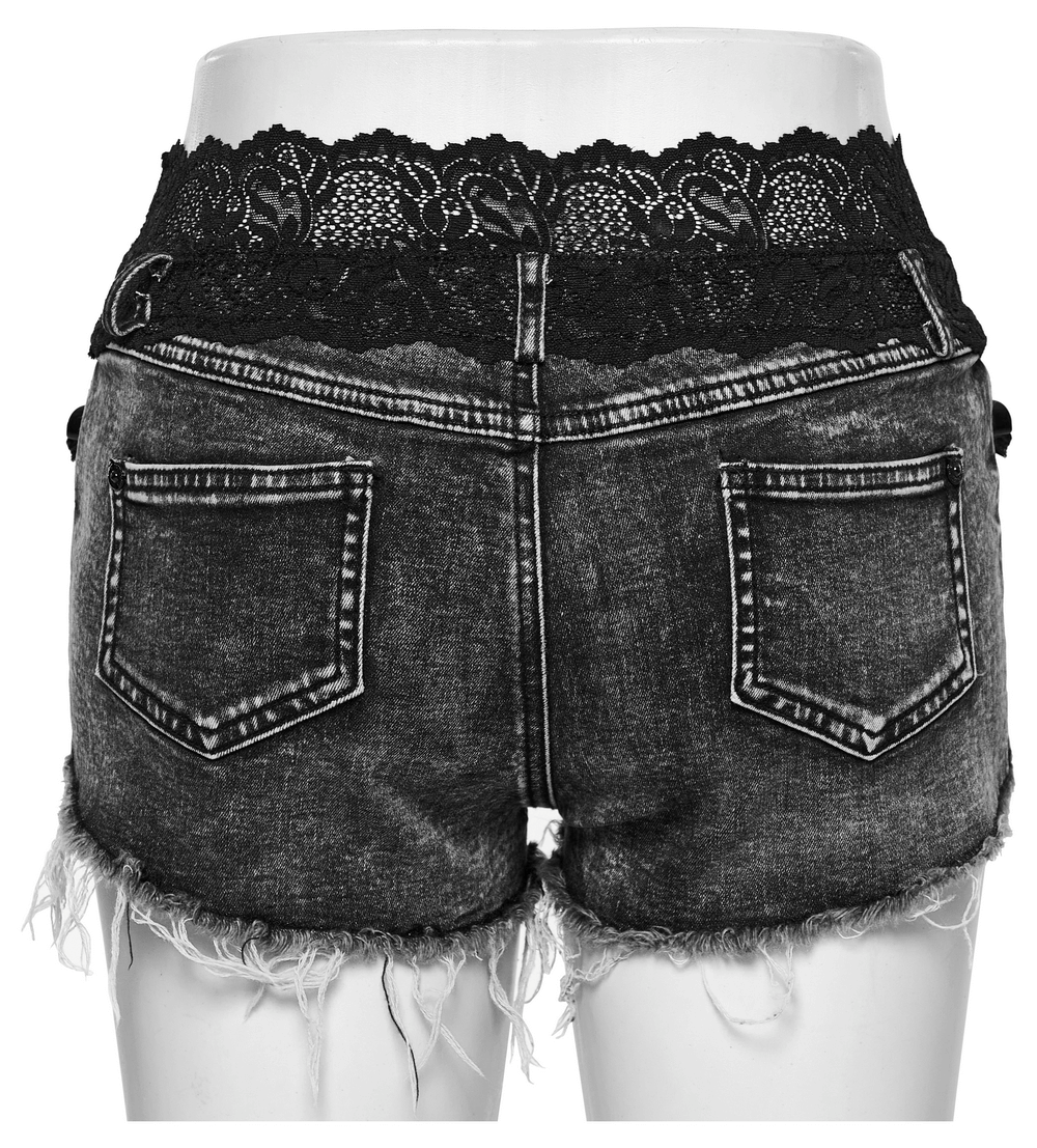 Back view of stylish high-waisted denim shorts with elegant lace trim, perfect for a trendy summer look.