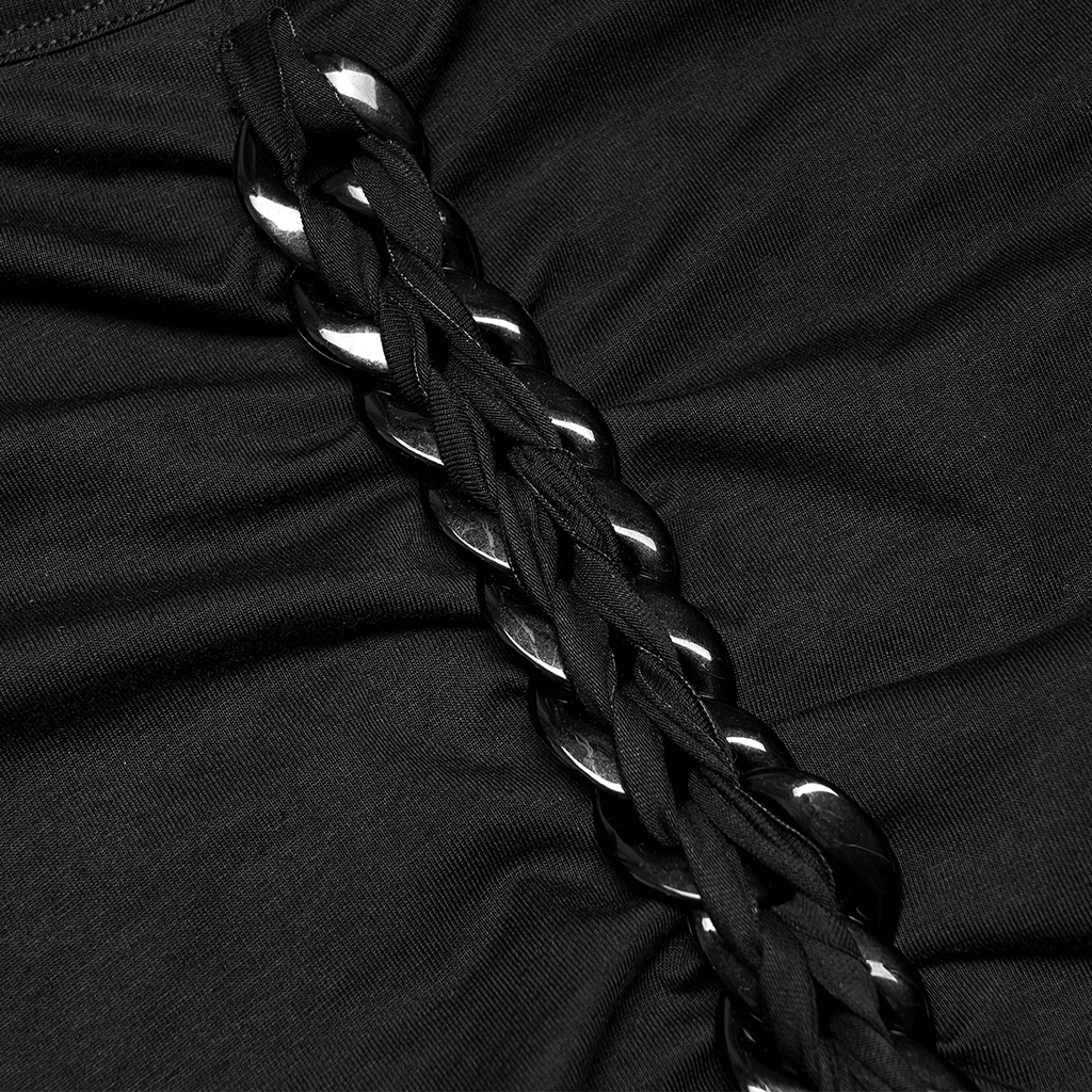 Close-up of stylish black knit fabric featuring edgy plastic chain detail for women's crop top.