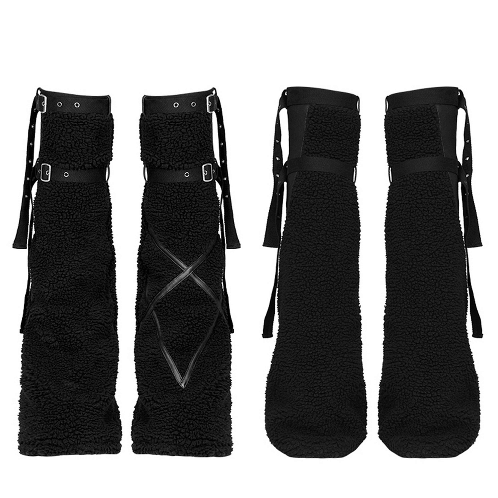 Edgy black punk leg warmers with straps and unique texture for a stylish look.