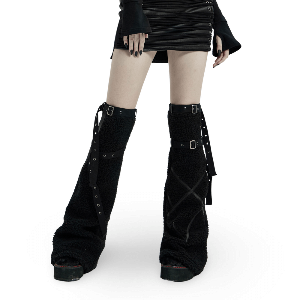 Bold punk-inspired leopard cashmere leg warmers with adjustable metal buttons and rubber front for edgy style.