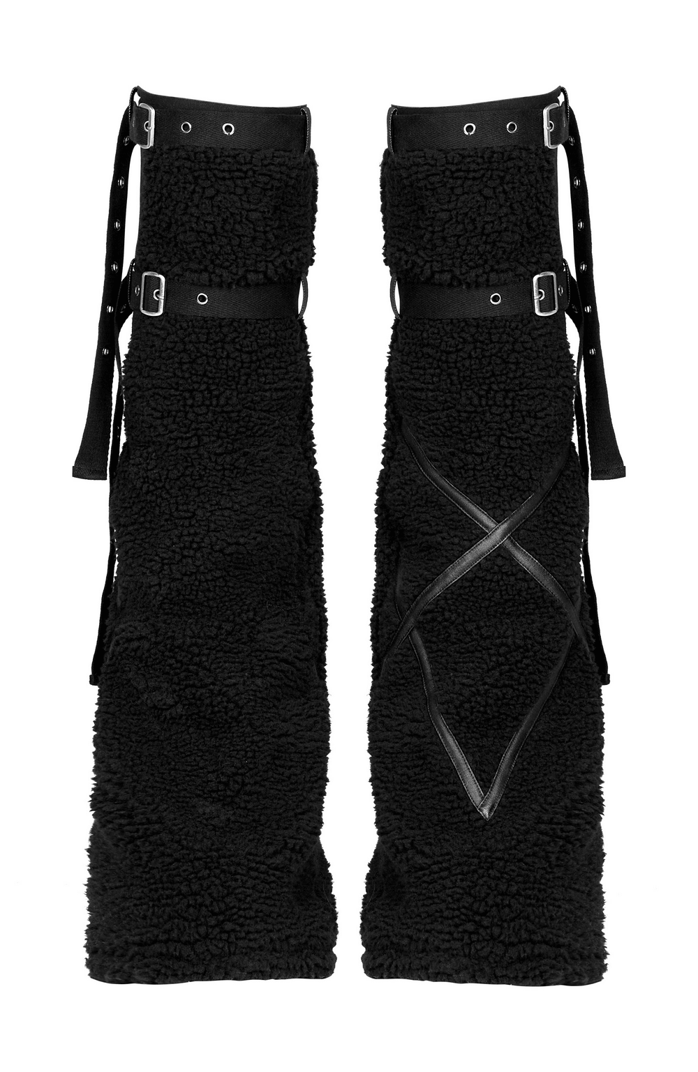Stylish black punk leg warmers with buckles and textured fabric for a bold fashion statement.