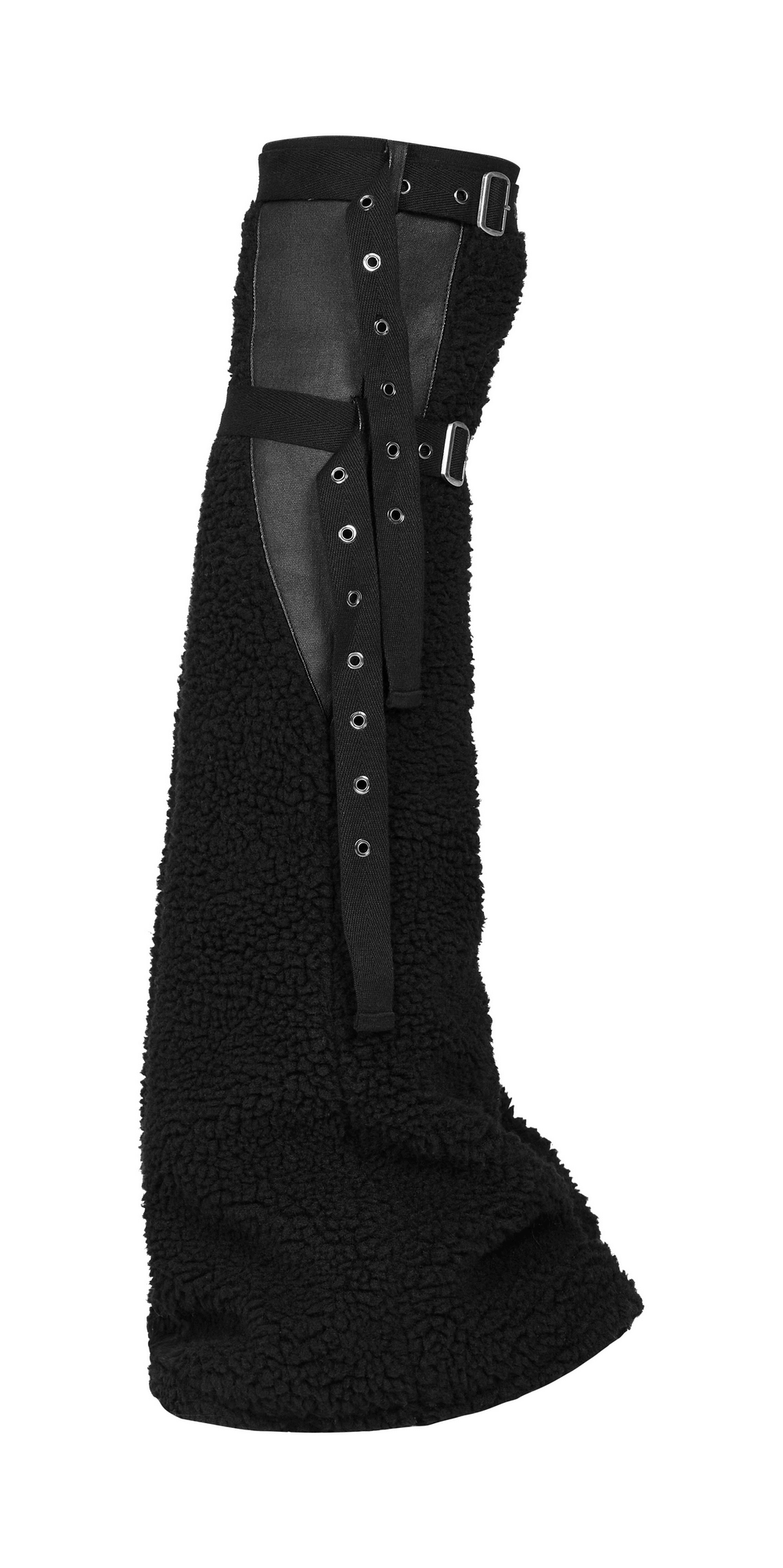 Stylish black punk-inspired leg warmers with adjustable straps and a cozy fleece design.