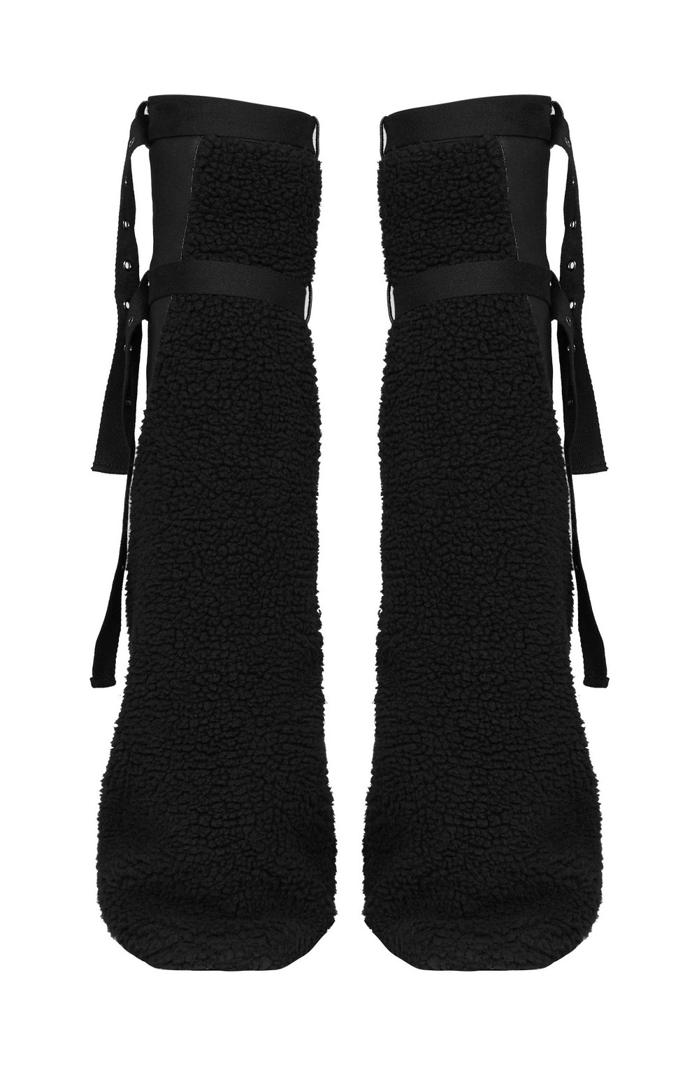 Stylish black cashmere punk leg warmers with adjustable straps for a cozy yet edgy look.