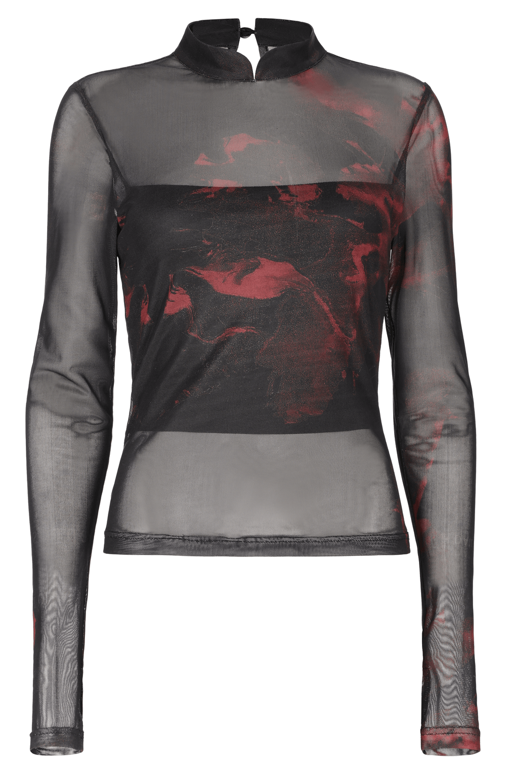 Stylish Women's Mesh Top with Stand Сollar and Red Print