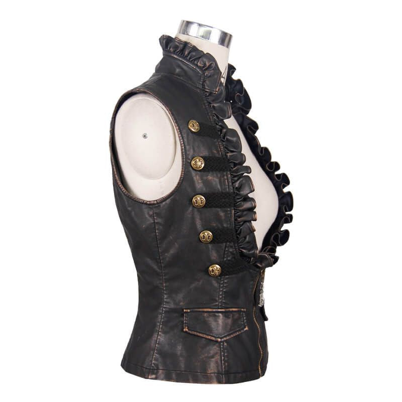Stylish women's steampunk PU leather waistcoat with frills and gold buttons, perfect for vintage-inspired outfits.