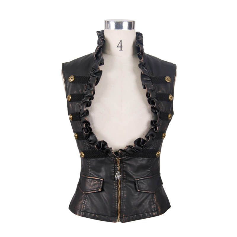 Stylish women's steampunk PU leather waistcoat featuring gold buttons, ruffled collar, and zipper, perfect for trendy outfits.