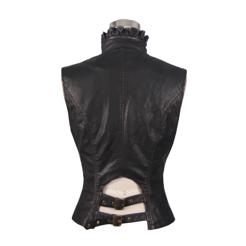 Back view of a stylish women's black PU leather waistcoat with frills and decorative buckles in steampunk style.