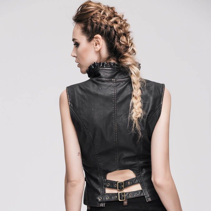 Stylish women's steampunk PU leather waistcoat showcasing back design and leather frills, perfect for a vintage look.