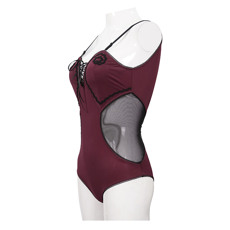 Stylish women's gothic wine red one-piece swimsuit with lace-up detail and transparent inserts.