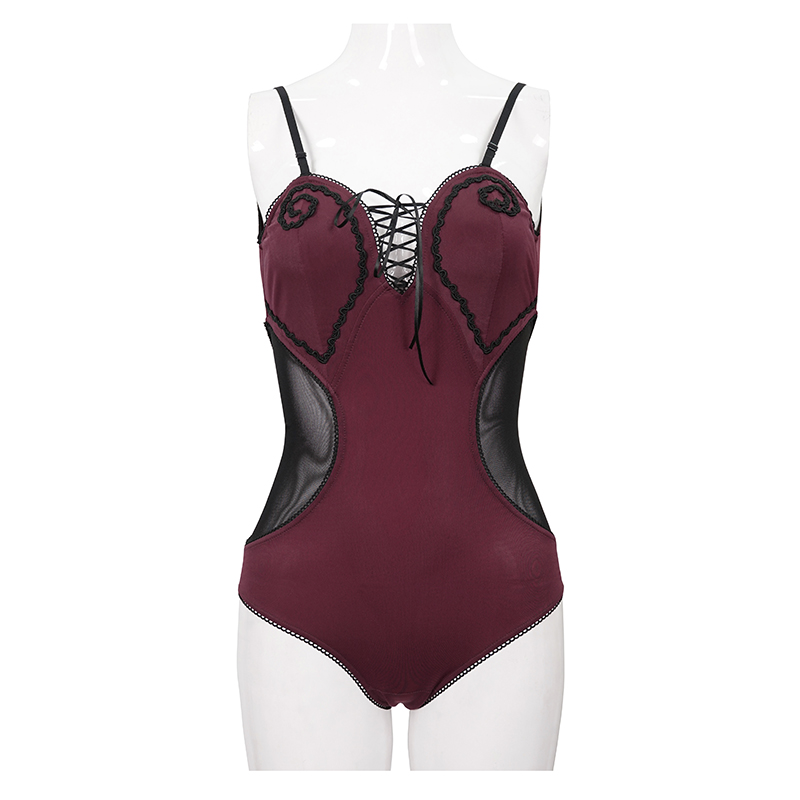 Stylish women's wine red gothic one-piece swimsuit with transparent inserts and lace-up detail.