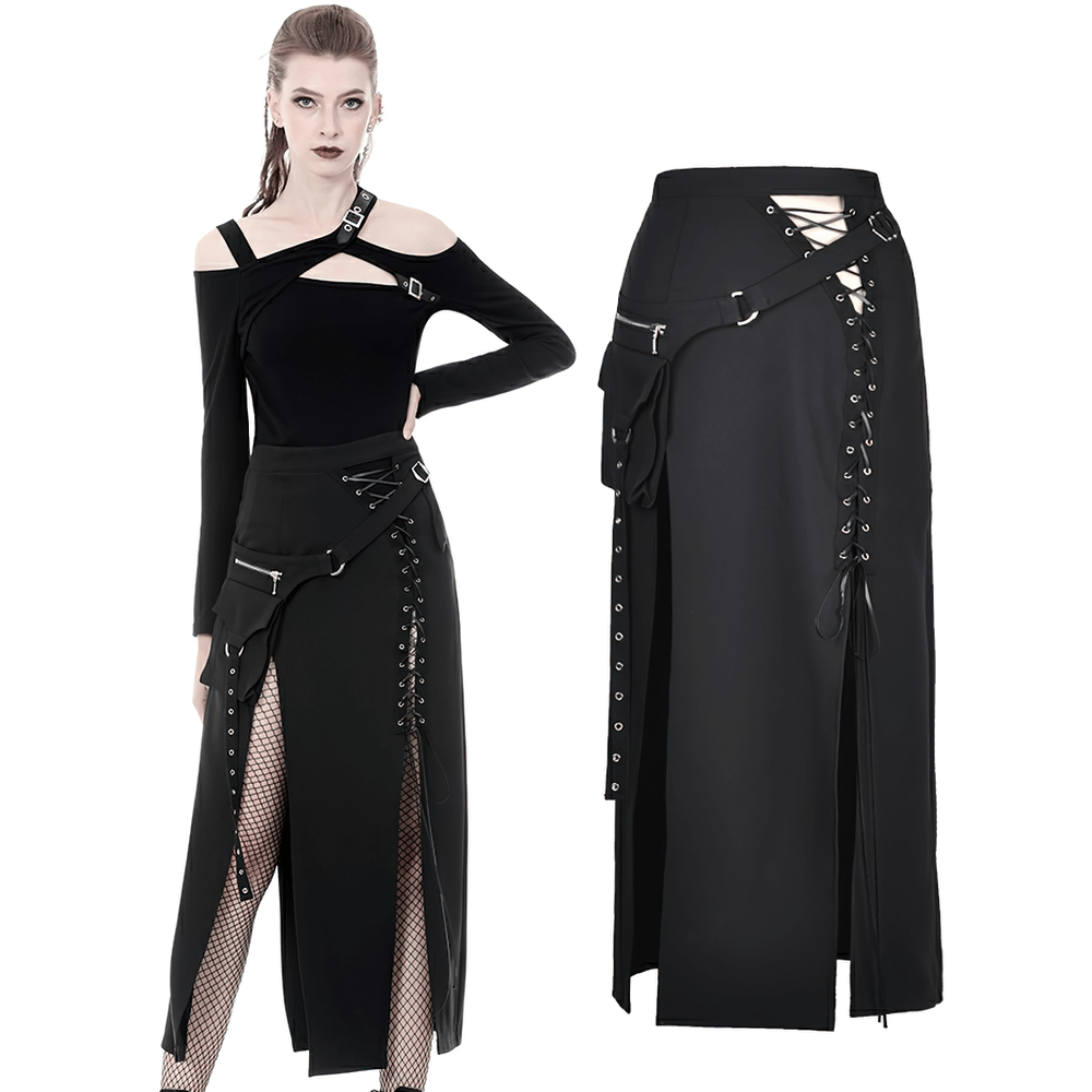 Edgy black Gothic lace-up skirt with metal eyelets and pockets, featuring a stylish asymmetrical hem.