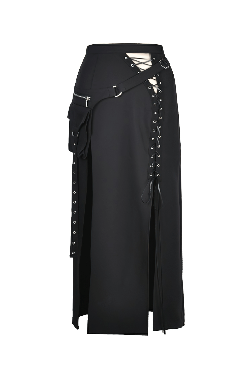 Stylish black gothic lace-up skirt with metal eyelets and pockets, featuring an asymmetrical hemline and striking details.