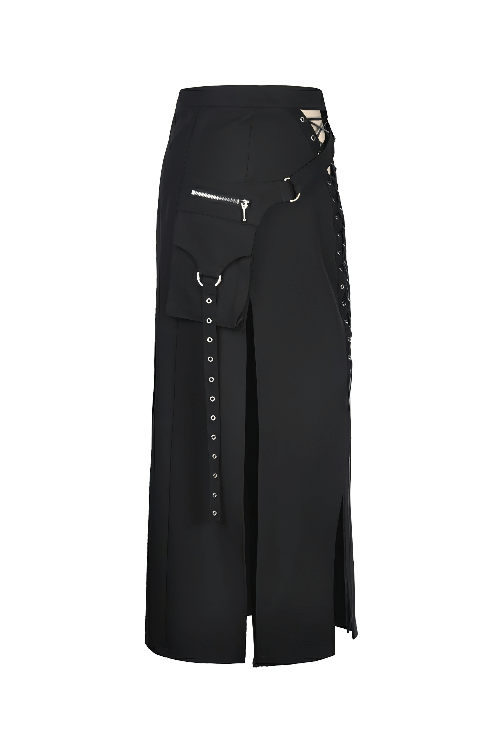Stylish black gothic lace-up skirt with metal eyelets, asymmetrical hem, and pockets for a rockstar vibe.