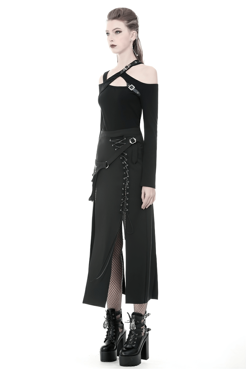 Stylish Gothic Lace-Up Metal Eyelet Skirt with Pockets