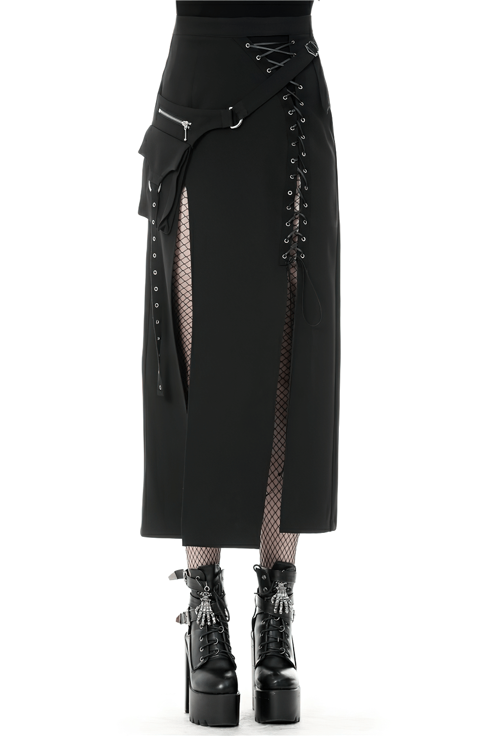 Stylish Gothic Lace-Up Metal Eyelet Skirt with Pockets