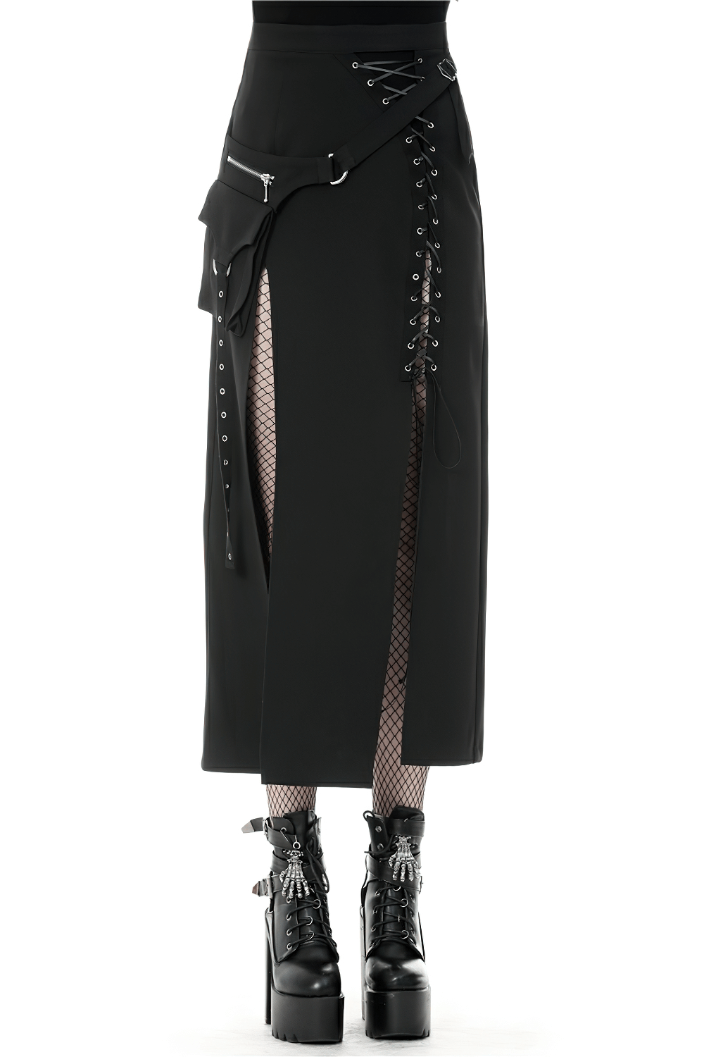 Stylish Gothic lace-up black skirt with metal eyelets, asymmetrical hem, and side pockets for a bold look.