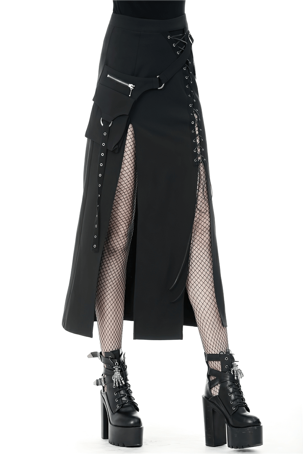 Gothic black lace-up long skirt with eyelets and side pockets, paired with platform boots and fishnet stockings.