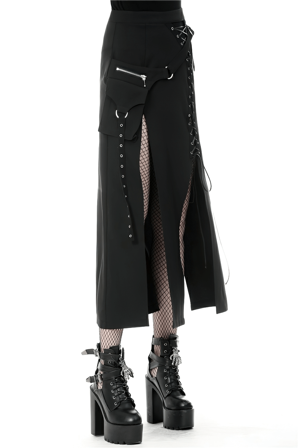 Stylish black gothic lace-up skirt with asymmetrical hem, metal eyelets, pockets, and edgy fishnet stockings.