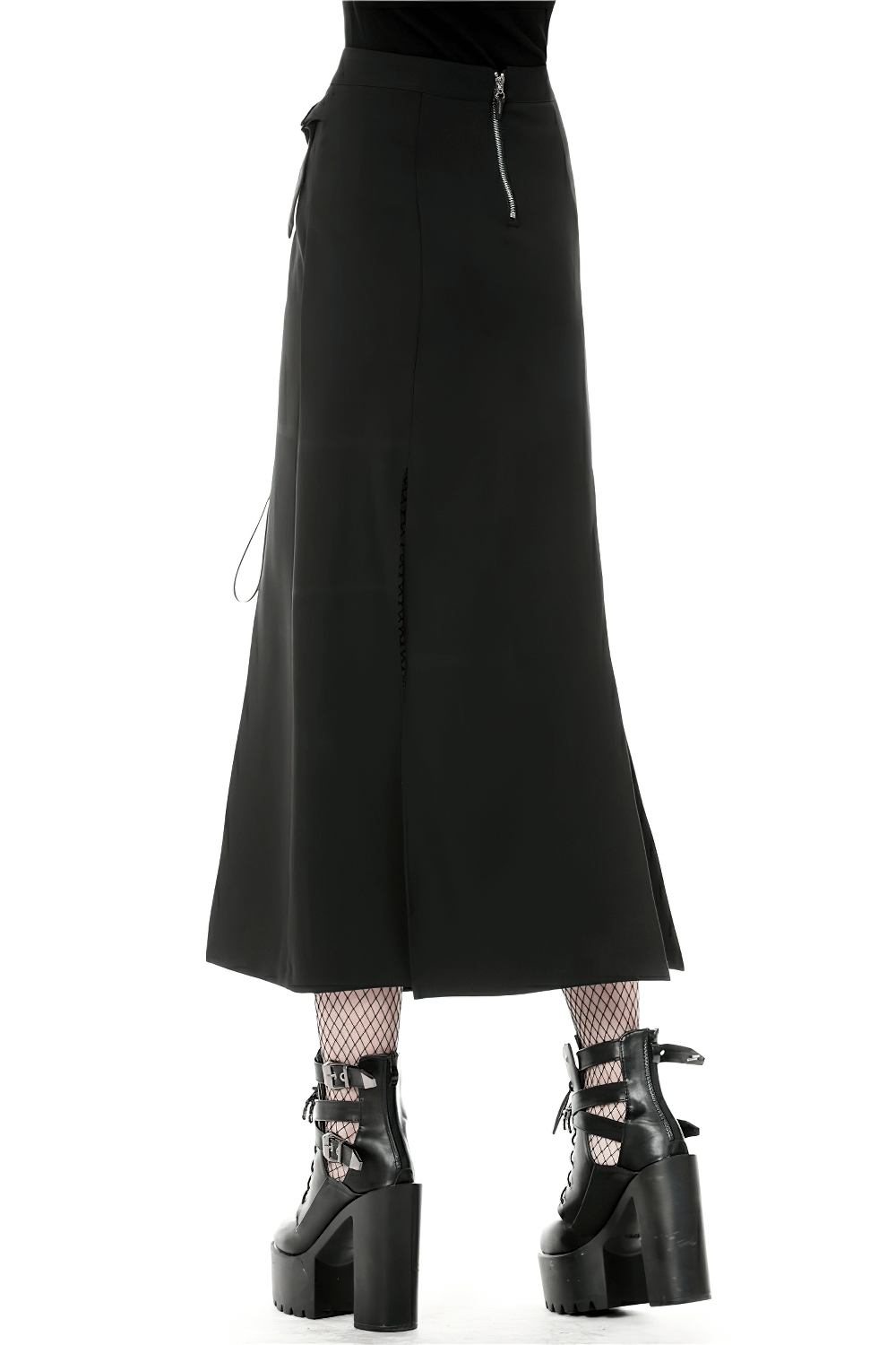 Stylish black Gothic lace-up skirt with metal eyelets, asymmetrical hem, and side pockets, paired with edgy platform boots.