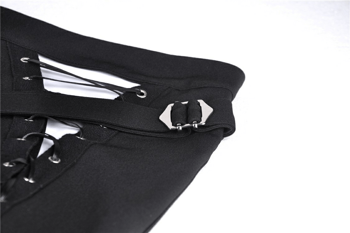 Close-up of stylish metal eyelet and lace-up detail on a Gothic-inspired black skirt.