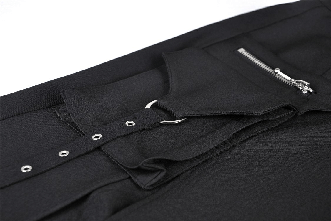 Close-up of black gothic lace-up skirt showcasing metal eyelets, zipper pocket, and adjustable button details.