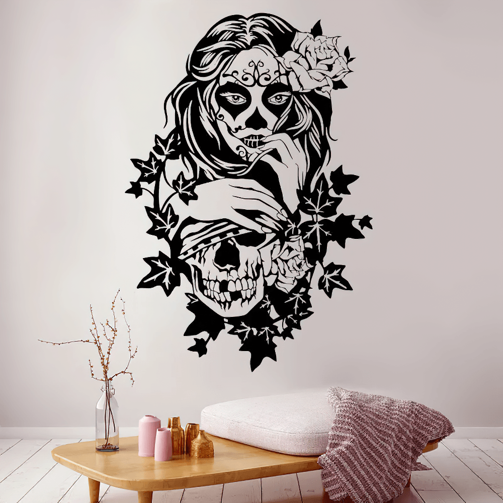 "Sugar Skull Floral Girl" Wall Sticker for Gothic Decor