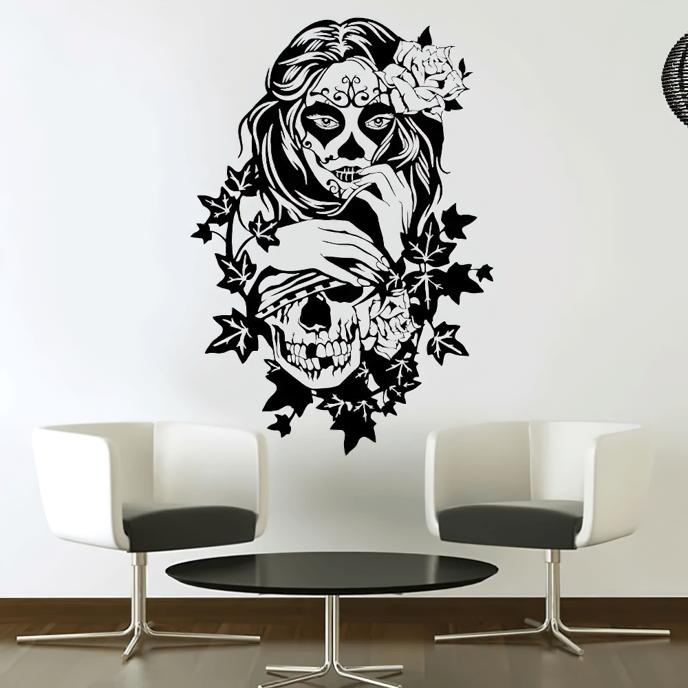 "Sugar Skull Floral Girl" Wall Sticker for Gothic Decor