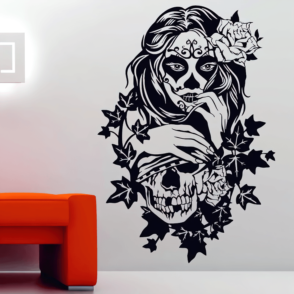 "Sugar Skull Floral Girl" Wall Sticker for Gothic Decor