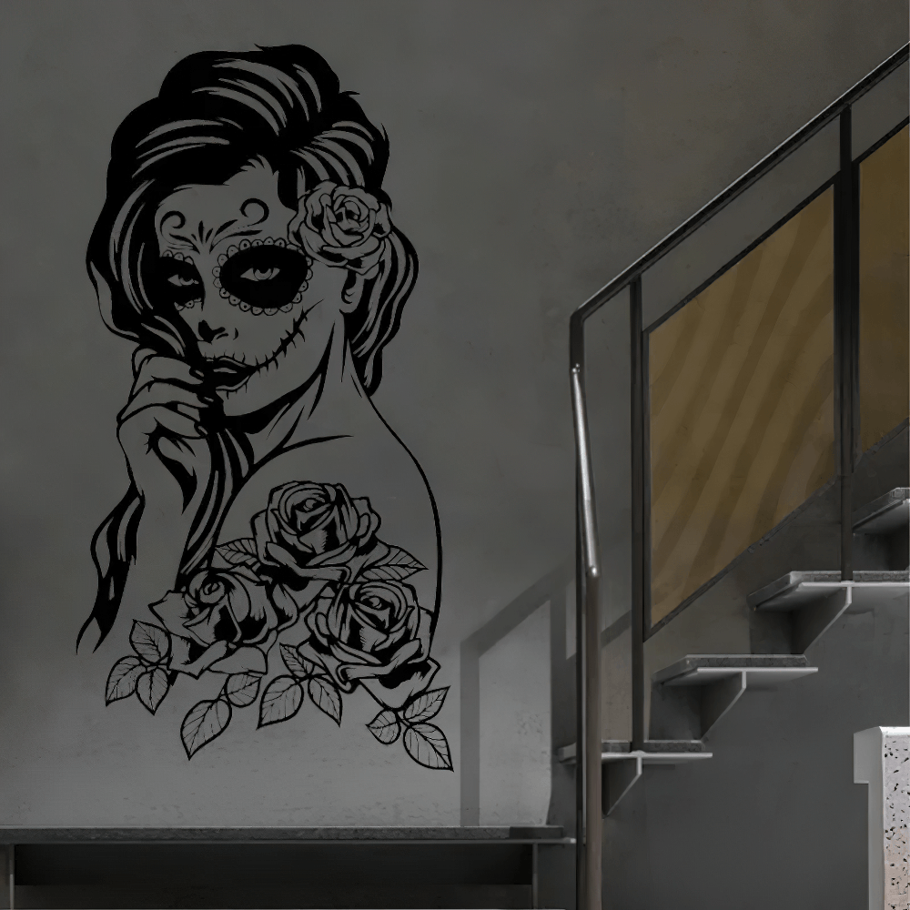Sugar Skull Lady Vinyl Wall Decal with Rose Details