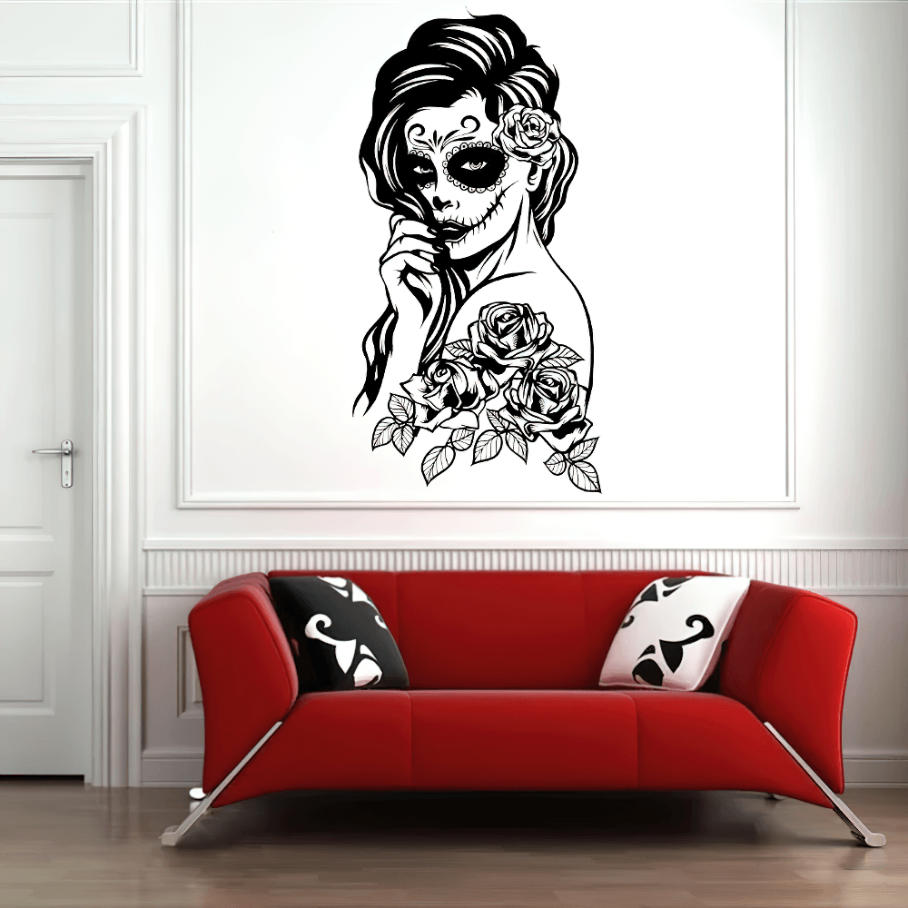 Sugar Skull Lady Vinyl Wall Decal with Rose Details