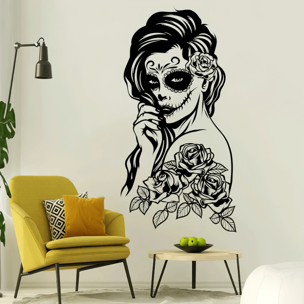 Sugar Skull Lady Vinyl Wall Decal with Rose Details
