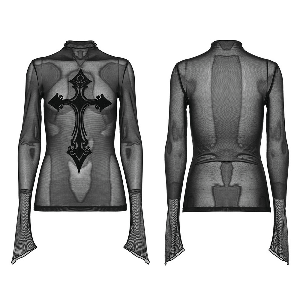 Sultry goth mesh top featuring bold cross design, stand collar, and stylish asymmetrical cuffs for edgy fashion.