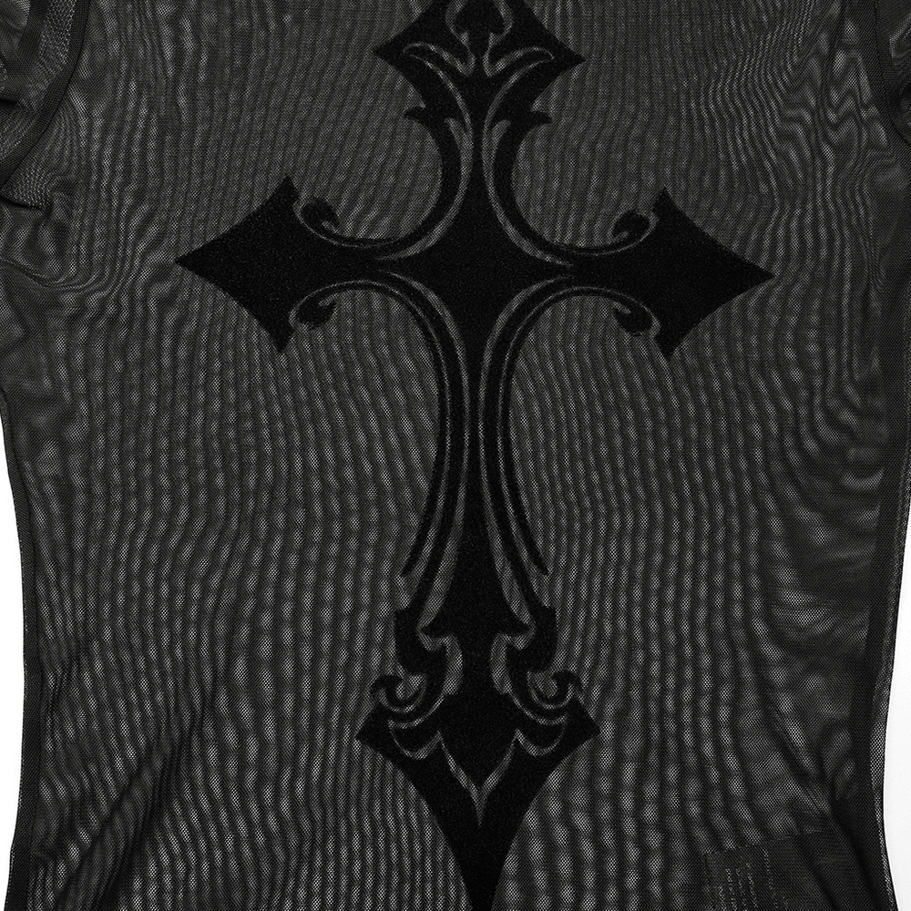 Close-up of black mesh top featuring bold flocked cross design for a gothic style.