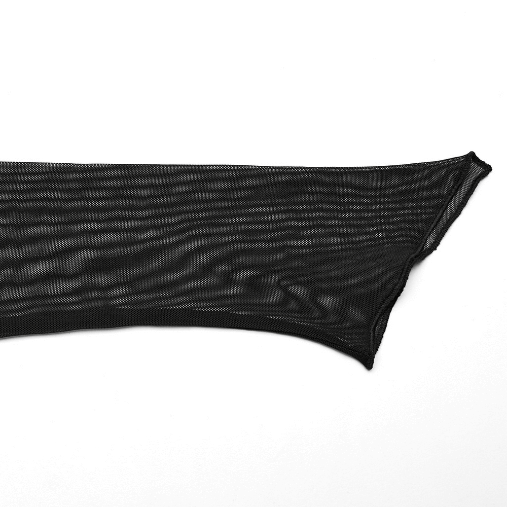 Close-up of a black mesh fabric sleeve, showcasing the stretchy and edgy design perfect for goth fashion.