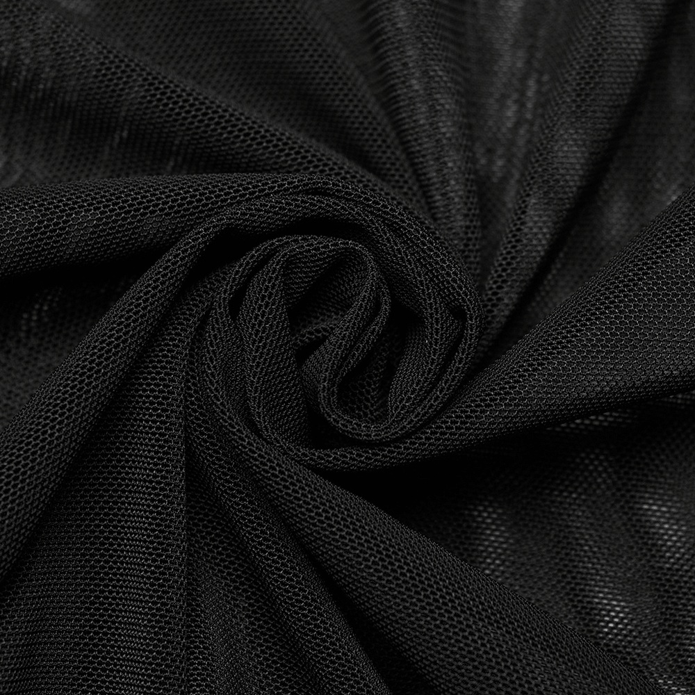 Close-up of black stretchy mesh fabric, perfect for edgy goth fashion and stylish top designs.