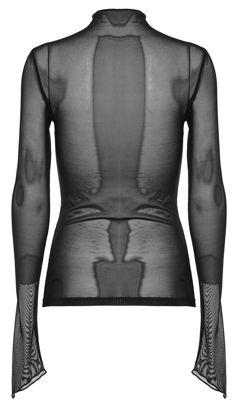 Stylish black mesh top with long sleeves and intricate detailing in the back, perfect for a goth-inspired outfit.